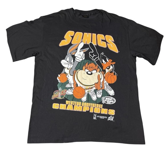 Vintage 1996 SEATTLE SONICS NBA Warner Bros Looney Tunes Black T Shirt